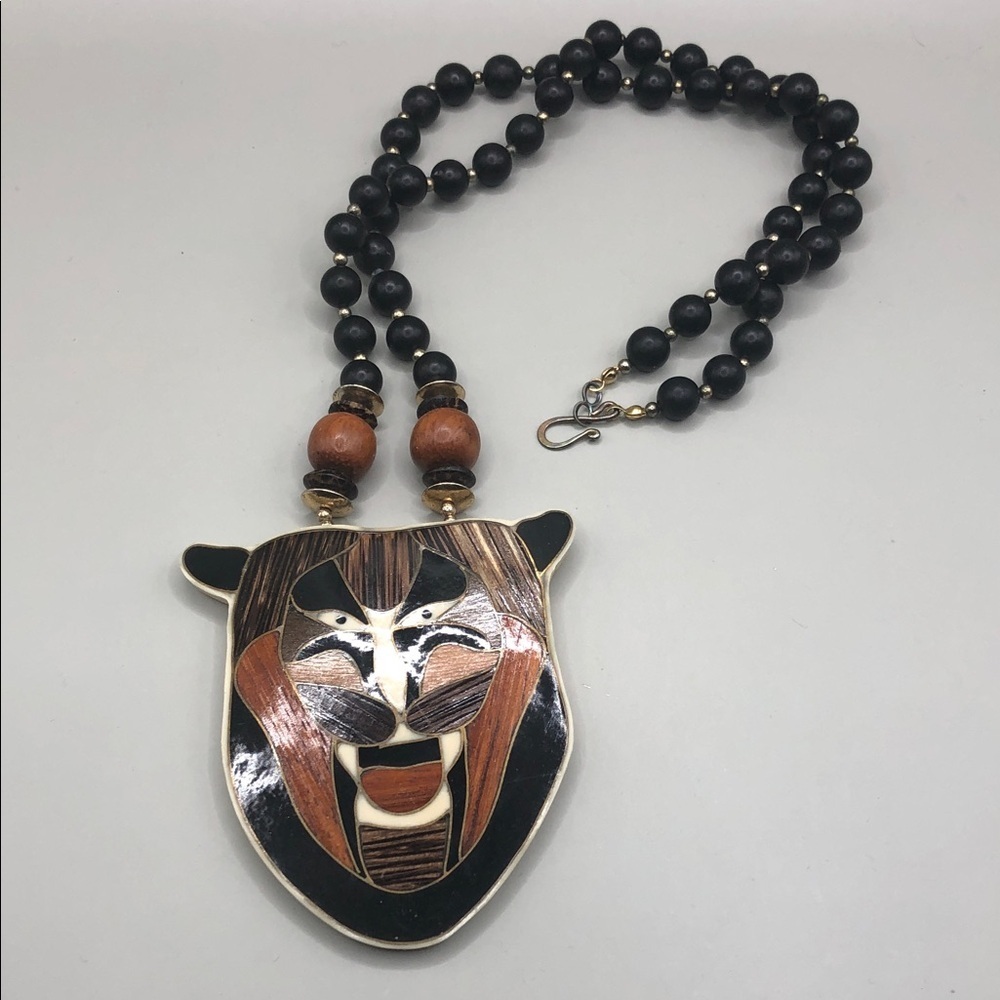 Lee Sands Wooden Bead Angry or Smiling Lion Head Whimsy Statement Art to Wear.
